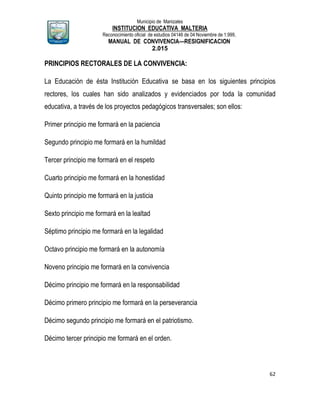 Municipio de Manizales
INSTITUCION EDUCATIVA MALTERIA
Reconocimiento oficial de estudios 04146 de 04 Noviembre de 1.999,
MANUAL DE CONVIVENCIA—RESIGNIFICACION
2.015
62
PRINCIPIOS RECTORALES DE LA CONVIVENCIA:
La Educación de ésta Institución Educativa se basa en los siguientes principios
rectores, los cuales han sido analizados y evidenciados por toda la comunidad
educativa, a través de los proyectos pedagógicos transversales; son ellos:
Primer principio me formará en la paciencia
Segundo principio me formará en la humildad
Tercer principio me formará en el respeto
Cuarto principio me formará en la honestidad
Quinto principio me formará en la justicia
Sexto principio me formará en la lealtad
Séptimo principio me formará en la legalidad
Octavo principio me formará en la autonomía
Noveno principio me formará en la convivencia
Décimo principio me formará en la responsabilidad
Décimo primero principio me formará en la perseverancia
Décimo segundo principio me formará en el patriotismo.
Décimo tercer principio me formará en el orden.
 