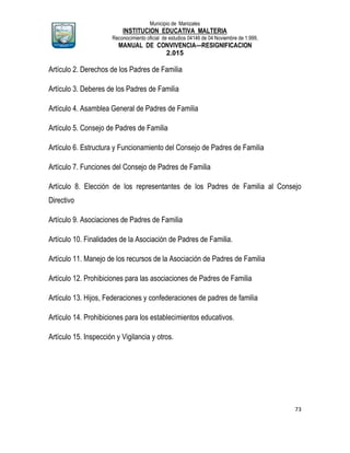 Municipio de Manizales
INSTITUCION EDUCATIVA MALTERIA
Reconocimiento oficial de estudios 04146 de 04 Noviembre de 1.999,
MANUAL DE CONVIVENCIA—RESIGNIFICACION
2.015
73
Artículo 2. Derechos de los Padres de Familia
Artículo 3. Deberes de los Padres de Familia
Artículo 4. Asamblea General de Padres de Familia
Artículo 5. Consejo de Padres de Familia
Artículo 6. Estructura y Funcionamiento del Consejo de Padres de Familia
Artículo 7. Funciones del Consejo de Padres de Familia
Artículo 8. Elección de los representantes de los Padres de Familia al Consejo
Directivo
Artículo 9. Asociaciones de Padres de Familia
Artículo 10. Finalidades de la Asociación de Padres de Familia.
Artículo 11. Manejo de los recursos de la Asociación de Padres de Familia
Artículo 12. Prohibiciones para las asociaciones de Padres de Familia
Artículo 13. Hijos, Federaciones y confederaciones de padres de familia
Artículo 14. Prohibiciones para los establecimientos educativos.
Artículo 15. Inspección y Vigilancia y otros.
 