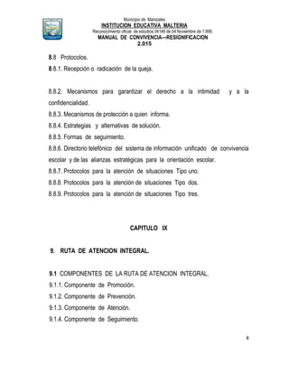 Municipio de Manizales
INSTITUCION EDUCATIVA MALTERIA
Reconocimiento oficial de estudios 04146 de 04 Noviembre de 1.999,
MANUAL DE CONVIVENCIA—RESIGNIFICACION
2.015
8
8.8 Protocolos.
8.8.1. Recepción o radicación de la queja.
8.8.2. Mecanismos para garantizar el derecho a la intimidad y a la
confidencialidad.
8.8.3. Mecanismos de protección a quien informa.
8.8.4. Estrategias y alternativas de solución.
8.8.5. Formas de seguimiento.
8.8.6. Directorio telefónico del sistema de información unificado de convivencia
escolar y de las alianzas estratégicas para la orientación escolar.
8.8.7. Protocolos para la atención de situaciones Tipo uno.
8.8.8. Protocolos para la atención de situaciones Tipo dos.
8.8.9. Protocolos para la atención de situaciones Tipo tres.
CAPITULO IX
9. RUTA DE ATENCION INTEGRAL.
9.1 COMPONENTES DE LA RUTA DE ATENCION INTEGRAL.
9.1.1. Componente de Promoción.
9.1.2. Componente de Prevención.
9.1.3. Componente de Atención.
9.1.4. Componente de Seguimiento.
 