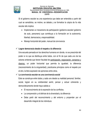 Municipio de Manizales
INSTITUCION EDUCATIVA MALTERIA
Reconocimiento oficial de estudios 04146 de 04 Noviembre de 1.999,
MANUAL DE CONVIVENCIA—RESIGNIFICACION
2.015
80
Si el gobierno escolar es una experiencia que debe ser entendida a partir del
cual se sensibilice, se motive, se debata y se formalice la utopía de fa vida
escolar ello implica:
 Implementar un mecanismo de participación (gobierno escolar/ gobierno
de aula, personero) que contribuya a la formación en la autonomía,
libertad, democracia y responsabilidad.
 Manejo horizontal del poder, manual de convivencia
 Lograr democracia desde el respeto a la diferencia
Una escueta pensada en los derechos humanos en donde, no se prescinda del
poder si no que se distribuya entre todos, con el fin de que cada uno de los
actores entienda que tienen facultad de participación, negociación, consenso y
disenso, un poder horizontal que permita la igualdad, la diferencia
(reconocimiento de la singularidad), practicarse principios como el respeto por
el otro, la libre expresión de opiniones entre otros.
 La convivencia escolar es una convivencia social
Esta se construye entre todos y cada uno desde su realidad personal, familiar,
social, logran en su cotidianidad sentir, pensar y actuar coherente y
democráticamente donde haya cabida a:
 El reconocimiento de la expresión de los conflictos.
 La comprensión y el disfrute de la diversidad y la diferencia
 Debe partir del reconocimiento y del entorno y propender por el
desarrollo integral de los individuos
 