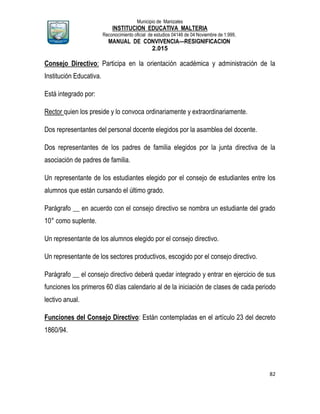 Municipio de Manizales
INSTITUCION EDUCATIVA MALTERIA
Reconocimiento oficial de estudios 04146 de 04 Noviembre de 1.999,
MANUAL DE CONVIVENCIA—RESIGNIFICACION
2.015
82
Consejo Directivo: Participa en la orientación académica y administración de la
Institución Educativa.
Está integrado por:
Rector quien los preside y lo convoca ordinariamente y extraordinariamente.
Dos representantes del personal docente elegidos por la asamblea del docente.
Dos representantes de los padres de familia elegidos por la junta directiva de la
asociación de padres de familia.
Un representante de los estudiantes elegido por el consejo de estudiantes entre los
alumnos que están cursando el último grado.
Parágrafo __ en acuerdo con el consejo directivo se nombra un estudiante del grado
10° como suplente.
Un representante de los alumnos elegido por el consejo directivo.
Un representante de los sectores productivos, escogido por el consejo directivo.
Parágrafo __ el consejo directivo deberá quedar integrado y entrar en ejercicio de sus
funciones los primeros 60 días calendario al de la iniciación de clases de cada periodo
lectivo anual.
Funciones del Consejo Directivo: Están contempladas en el artículo 23 del decreto
1860/94.
 