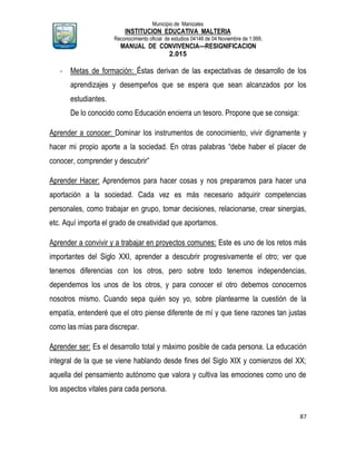 Municipio de Manizales
INSTITUCION EDUCATIVA MALTERIA
Reconocimiento oficial de estudios 04146 de 04 Noviembre de 1.999,
MANUAL DE CONVIVENCIA—RESIGNIFICACION
2.015
87
- Metas de formación: Éstas derivan de las expectativas de desarrollo de los
aprendizajes y desempeños que se espera que sean alcanzados por los
estudiantes.
De lo conocido como Educación encierra un tesoro. Propone que se consiga:
Aprender a conocer: Dominar los instrumentos de conocimiento, vivir dignamente y
hacer mi propio aporte a la sociedad. En otras palabras “debe haber el placer de
conocer, comprender y descubrir”
Aprender Hacer: Aprendemos para hacer cosas y nos preparamos para hacer una
aportación a la sociedad. Cada vez es más necesario adquirir competencias
personales, como trabajar en grupo, tomar decisiones, relacionarse, crear sinergias,
etc. Aquí importa el grado de creatividad que aportamos.
Aprender a convivir y a trabajar en proyectos comunes: Este es uno de los retos más
importantes del Siglo XXI, aprender a descubrir progresivamente el otro; ver que
tenemos diferencias con los otros, pero sobre todo tenemos independencias,
dependemos los unos de los otros, y para conocer el otro debemos conocernos
nosotros mismo. Cuando sepa quién soy yo, sobre plantearme la cuestión de la
empatía, entenderé que el otro piense diferente de mí y que tiene razones tan justas
como las mías para discrepar.
Aprender ser: Es el desarrollo total y máximo posible de cada persona. La educación
integral de la que se viene hablando desde fines del Siglo XIX y comienzos del XX;
aquella del pensamiento autónomo que valora y cultiva las emociones como uno de
los aspectos vitales para cada persona.
 