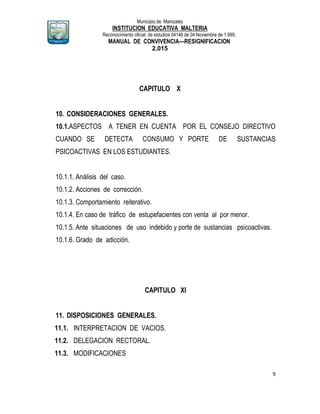 Municipio de Manizales
INSTITUCION EDUCATIVA MALTERIA
Reconocimiento oficial de estudios 04146 de 04 Noviembre de 1.999,
MANUAL DE CONVIVENCIA—RESIGNIFICACION
2.015
9
CAPITULO X
10. CONSIDERACIONES GENERALES.
10.1.ASPECTOS A TENER EN CUENTA POR EL CONSEJO DIRECTIVO
CUANDO SE DETECTA CONSUMO Y PORTE DE SUSTANCIAS
PSICOACTIVAS EN LOS ESTUDIANTES.
10.1.1. Análisis del caso.
10.1.2. Acciones de corrección.
10.1.3. Comportamiento reiterativo.
10.1.4. En caso de tráfico de estupefacientes con venta al por menor.
10.1.5. Ante situaciones de uso indebido y porte de sustancias psicoactivas.
10.1.6. Grado de adicción.
CAPITULO XI
11. DISPOSICIONES GENERALES.
11.1. INTERPRETACION DE VACIOS.
11.2. DELEGACION RECTORAL.
11.3. MODIFICACIONES
 