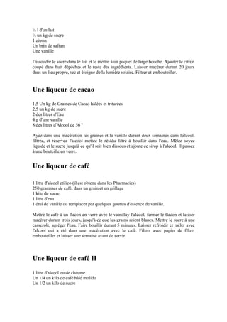 ½ l d'un lait
½ un kg de sucre
1 citron
Un brin de safran
Une vanille

Dissoudre le sucre dans le lait et le mettre à un paquet de large bouche. Ajouter le citron
coupé dans huit dépêches et le reste des ingrédients. Laisser macérer durant 20 jours
dans un lieu propre, sec et éloigné de la lumière solaire. Filtrer et embouteiller.


Une liqueur de cacao
1,5 Un kg de Graines de Cacao hâlées et triturées
2,5 un kg de sucre
2 des litres d'Eau
4 g d'une vanille
8 des litres d'Alcool de 56 º

Ayez dans une macération les graines et la vanille durant deux semaines dans l'alcool,
filtrez, et réservez l'alcool mettez le résidu filtré à bouillir dans l'eau. Mêlez soyez
liquide et le sucre jusqu'à ce qu'il soit bien dissous et ajoute ce sirop à l'alcool. Il passez
à une bouteille en verre.


Une liqueur de café

1 litre d'alcool etílico (il est obtenu dans les Pharmacies)
250 grammes de café, dans un grain et un grillage
1 kilo de sucre
1 litre d'eau
1 étui de vanille ou remplacer par quelques gouttes d'essence de vanille.

Mettre le café à un flacon en verre avec le vainillay l'alcool, fermer le flacon et laisser
macérer durant trois jours, jusqu'à ce que les grains soient blancs. Mettre le sucre à une
casserole, agréger l'eau. Faire bouillir durant 5 minutes. Laisser refroidir et mêler avec
l'alcool qui a été dans une macération avec le café. Filtrer avec papier de filtre,
embouteiller et laisser une semaine avant de servir




Une liqueur de café II
1 litre d'alcool ou de chaume
Un 1/4 un kilo de café hâlé molido
Un 1/2 un kilo de sucre
 