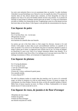 Les noix sont nettoyées bien et on est assommant dans un mortier. La pâte résultante
s'introduit à un pot hermétique avec l'alcool et avec la coquille du citron. Il se permet de
macérer dans un lieu obscur durant deux semaines, au bout desquelles un sirop est
préparé avec l'eau et le sucre hirviéndolo durant environ cinq minutes. Il se permet de
refroidir et entre-temps le mélange macéré passe par un tamis. Le sirop et la macération
est mêlé et s'infiltre avec beaucoup de soin. Il apprend par coeur et se fait durant environ
huit mois dans un lieu obscur. Cette liqueur a une période de consommation de cinq ans.


Une liqueur de poire
Quatre poires
Un 1/2 un litre d'eau - de - vie de marc
300 grammes de sucre
Un 1/4 de litre d'eau
trois barrettes de cannelle dans une branche

Les poires qui ont à être bien mûres se font couper les cheveux, trocean et ils sont
triturés. Cette pulpe se place dans un pot convenablement stérilisé. La cannelle et le
marc est ajouté. Il se couvre et se fait durant cinq jours en macérant. Quand il a passé ce
temps il passe par le tamis, en appuyant pour extraire tout le jus. Un sirop est préparé,
en dissolvant le sucre avec l'eau et en cuisant lentement durant cinq minutes. Il se
permet de refroidir et une fois je frire, il se mélange avec le jus que nous avons filtré. Le
mélange recommence à filtrer, en le tamisant et il apprend par coeur.

Une liqueur de platane
Un 1/2 un kg de platanes.
Un 1/2 un kg de sucre.
1 verre de vermouth rouge.
3 clous d'odeur.
L'écorce de 1 citron, seulement la partie jaune.
Une cannelle molida.
2 verres d'alcool 95 º.

On mêle les platanes tondus et coupés dans des tranches avec le sucre et le vermouth
rouge, on ferme le récipient et se met au soleil durant 10 jours. Un passé ce temps, ils
s'incorporent, les clous d'odeur, l'écorce de citron, un brin de cannelle molida et l'alcool.
Mêler bien et laisser macérer un mois. Le filtrer, le filtrer, l'embouteiller et le laisser
durant encore 2-3 mois avant de le servir.

Une liqueur de roses, de jasmin et de fleur d'oranger
100 pétales de roses rouges
10 fleurs de jasmin
10 fleurs de fleur d'oranger
une barrette moyenne de vanille
 