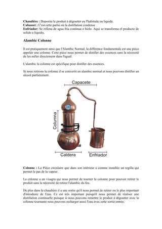 Chaudière : Doposita le produit à dégoutter eu l'habitude ou liquide.
Cabasset : C'est cette partie où la distillation condense
Enfriador: Se rellena de agua fria continua o hielo. Aquí se transforma el producto de
solido a liquido.

Alambic Colonne

Il est pratiquement ainsi que l'Alambic Normal, la différence fondamentale est une pièce
appelée une colonne. Cette pièce nous permet de distiller des essences sans la nécessité
de les mêler directement dans l'agual.

L'alambic la colonne est spécifique pour distiller des essences.

Si nous retirons la colonne il se convertit en alambic normal et nous pouvons distiller un
alcool parfaitement.




Colonne : La Pièce circulaire que dans son intérieur a comme installée un regilla qui
permet le pas de la vapeur.

La colonne a un visagra qui nous permet de tourner la colonne pour pouvoir retirer le
produit sans la nécessité de retirer l'alambic du feu.

De plus dans la chaudière il a une sortie qu'il nous permet de retirer ou le plus important
d'introduire de l'eau. Ce est très important puisqu'il nous permet de réaliser une
distillation continuelle puisque si nous pouvons remettre le produit à dégoutter avec la
colonne tournante nous pouvons recharger aussi l'eau avec cette sortie-entrée.
 