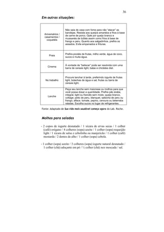 36
Em outras situações:


                    Não saia de casa com fome para não “atacar” as
                    bandejas. Resista aos queijos amarelos e frios à base
  Aniversários /
                    de carne de porco. Opte por queijo branco e
  casamentos /
                    mussarela de búfala assim como frios à base de
    coquetéis
                    frango e peru. Quanto aos salgadinhos, prefira os
                    assados. Evite empanados e frituras.



                    Prefira picolés de frutas, milho verde, água de coco,
      Praia
                    sucos e muita água.


                    À vontade de “beliscar” pode ser resolvida com uma
     Cinema
                    barra de cereais light, balas e chicletes diet.


                    Procure lanchar à tarde, preferindo iogurte de frutas
   No trabalho      light, bolachas de água e sal, frutas ou barra de
                    cereais light.

                    Peça seu lanche sem maionese ou molhos para que
                    você possa dosar a quantidade. Prefira pão árabe,
                    integral, light ou francês sem miolo; queijo branco,
     Lanche
                    cottage; peito de peru, blanquet, salsicha de peru ou
                    frango; alface, tomate, pepino, cenoura ou beterraba
                    raladas. Escolha sucos no lugar de refrigerantes.

Fonte: Adaptado de Sua vida mais saudável começa agora do Lab. Roche.


Molhos para saladas

- 2 copos de iogurte desnatado / 1 xícara de ervas secas / 1 colher
  (café) orégano / 4 colheres (sopa) azeite / 1 colher (sopa) requeijão
  light / 1 xícara de salsa e cebolinha ou manjericão / 1 colher (café)
  mostarda / 2 dentes de alho / 1 colher (sopa) cebola.

- 1 colher (sopa) azeite / 3 colheres (sopa) iogurte natural desnatado /
  1 colher (chá) adoçante em pó / ½ colher (chá) noz moscada / sal.
 