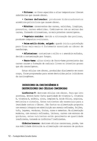 • Frituras: os óleos aquecidos a altas temperaturas liberam
         substâncias que causam câncer.
               • Carnes defumadas: produzem hidrocarbonetos
         aromáticos policíclicos que causam câncer.
               • Nitritos: conservantes das carnes, salsichas, lingüiças,
         presuntos, carnes embutidas. Combinam-se com as aminas das
         carnes, formando nitrosaminas, os mais potentes cancerígenos.
               • Vegetais cozidos: devido a nitrosação das prolinas,
         produzem compostos n-nitrosos.
               • Peixe estilo chinês, salgado: quando inicia a putrefação
         para ficar mais macio é fortemente associado ao câncer de
         nasofaringe.
              • Aflatoxinas: contaminam o milho e o amendoim mofados,
         devido a contaminação por fungos.
               • Ferro-heme: altos níveis de ferro-heme proveniente das
         carnes causam a formação de radicais livres no intestino grosso
         que são cancerígenos.
               Estas células com câncer, produzidas diariamente em nosso
         corpo, foram programadas para serem destruídas pelos inibidores
         da carcinogênese.


                INIBIDORES DA CARCINOGÊNESE E
                DESTRUIDORES DAS CÉLULAS CANCEROSAS
                Linfócitos T: destroem células com câncer. Para que isto
         aconteça, deverá haver farta quantidade de vitamina C, vitamina
         E, vitamina A, selênio, zinco, complexo B, ácido fólico, arginina,
         metionina e cisteína. Estes nutrientes são essenciais para a
         imunidade contra o Câncer. São fartos na alimentação proposta
         com cereais integrais em substituição aos cereais refinados, feijões,
         tofu, legumes, verduras, frutas, nozes e sementes. Na alimentação
         moderna, com cereais refinados, lácteos, carnes com excesso de
         gorduras, estes nutrientes estão geralmente em quantidade
         insuficiente, tornando os linfócitos T ineficientes.
               Glóbulos brancos: destroem células cancerosas, porém, tem
         sua mobilidade diminuída na alimentação com excesso de gordura



12 – Fundação Maria Carvalho Santos
 