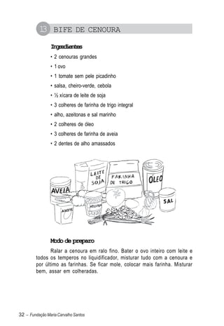 1 BIFE DE CENOURA
           3
                Igeine
                 nrdets
                • 2 cenouras grandes
                • 1 ovo
                • 1 tomate sem pele picadinho
                • salsa, cheiro-verde, cebola
                • ½ xícara de leite de soja
                • 3 colheres de farinha de trigo integral
                • alho, azeitonas e sal marinho
                • 2 colheres de óleo
                • 3 colheres de farinha de aveia
                • 2 dentes de alho amassados




                Modo de preparo
                Ralar a cenoura em ralo fino. Bater o ovo inteiro com leite e
         todos os temperos no liquidificador, misturar tudo com a cenoura e
         por último as farinhas. Se ficar mole, colocar mais farinha. Misturar
         bem, assar em colheradas.




32 – Fundação Maria Carvalho Santos
 