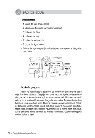 56 PÃO DE SOJA
                Igeine
                 nrdets
                • 1 xícara de soja crua e limpa
                • 2 tabletes de fermento ou 2 colheres (sopa)
                • 5 colheres de óleo
                • 4 colheres de mel
                • 1 colher de sal marinho
                • 3 copos de água morna
                • farinha de trigo integral (o suficiente para dar o ponto e desgrudar
                  das mãos).




                Modo de preparo
                 Bater no liquidificador a soja com os 3 copos de água morna, até a
         soja ficar bem triturada. Despejar em uma bacia ou tigela, acrescentar o
         óleo, o sal, o fermento e o açúcar mascavo ou mel. Misturar bem e ir
         colocando a farinha até a massa desgrudar das mãos. Amassar bastante e
         bater em uma superfície firme. Cobrir a massa e deixar crescer até dobrar
         de tamanho. Untar a mesa ou pia com óleo. Dividir a massa em 4 partes e
         fazer pães, colocar para crescer novamente até a forma ficar bem leve.
         Assar em forno médio por mais ou menos 40 minutos. Quando começar a
         dourar, baixar o fogo.




58 – Fundação Maria Carvalho Santos
 