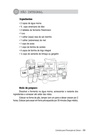 5 PÃO INTEGRAL
  7
       Igeine
        nrdets
       • 2 copos de água morna
       • ¾ copo americano de óleo
       • 2 tabletes de fermento Fleishmann
       • 1 ovo
       • 1 colher (sopa) rasa de sal marinho
       • 1 colher (sobremesa) de mel
       • 1 copo de aveia
       • 1 copo de farinha de centeio
       • 4 copos de farinha de trigo integral
       • ½ copo de semente de linhaça ou gergelim




       Modo de preparo
       Dissolver o fermento na água morna, acrescentar o restante dos
ingredientes e amassar até soltar das mãos.
       Colocar na forma de pão, tampar com um pano e deixar crescer por 2
horas. Colocar para assar em forno pré-aquecido por 30 minutos (fogo médio).




                                                 Culinária para Prevenção do Câncer – 59
 