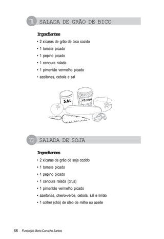 7 SALADA DE GRÃO DE BICO
          1
                Igeine
                 nrdets
                • 2 xícaras de grão de bico cozido
                • 1 tomate picado
                • 1 pepino picado
                • 1 cenoura ralada
                • 1 pimentão vermelho picado
                • azeitonas, cebola e sal




          72 SALADA DE SOJA
                Igeine
                 nrdets
                • 2 xícaras de grão de soja cozido
                • 1 tomate picado
                • 1 pepino picado
                • 1 cenoura ralada (crua)
                • 1 pimentão vermelho picado
                • azeitonas, cheiro-verde, cebola, sal e limão
                • 1 colher (chá) de óleo de milho ou azeite




68 – Fundação Maria Carvalho Santos
 