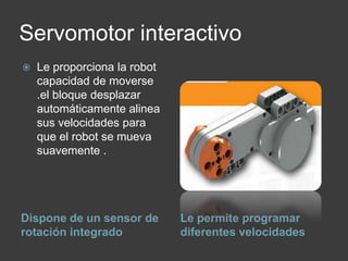 Servomotor interactivo
Dispone de un sensor de
rotación integrado
Le permite programar
diferentes velocidades
 Le proporciona la robot
capacidad de moverse
.el bloque desplazar
automáticamente alinea
sus velocidades para
que el robot se mueva
suavemente .
 