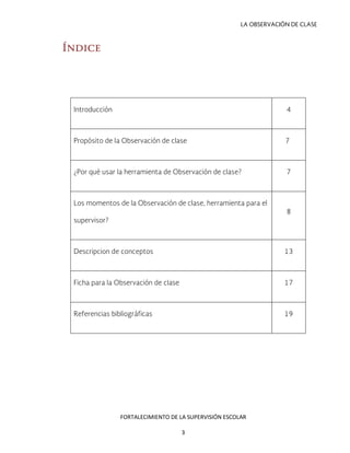 LA OBSERVACIÓN DE CLASE
Índice
Introducción 4
Propósito de la Observación de clase 7
¿Por qué usar la herramienta de Observación de clase? 7
Los momentos de la Observación de clase, herramienta para el
supervisor?
8
Descripcion de conceptos 13
Ficha para la Observación de clase 17
Referencias bibliográficas 19
FORTALECIMIENTO DE LA SUPERVISIÓN ESCOLAR
3
 