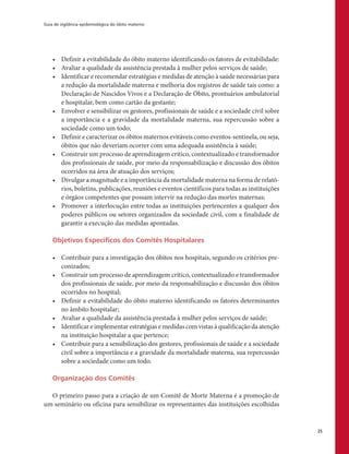 Guia de vigilância epidemiológica do óbito materno
25
•	 Definir a evitabilidade do óbito materno identificando os fatores de evitabilidade:
•	 Avaliar a qualidade da assistência prestada à mulher pelos serviços de saúde;
•	 Identificar e recomendar estratégias e medidas de atenção à saúde necessárias para
a redução da mortalidade materna e melhoria dos registros de saúde tais como: a
Declaração de Nascidos Vivos e a Declaração de Óbito, prontuários ambulatorial
e hospitalar, bem como cartão da gestante;
•	 Envolver e sensibilizar os gestores, profissionais de saúde e a sociedade civil sobre
a importância e a gravidade da mortalidade materna, sua repercussão sobre a
sociedade como um todo;
•	 Definir e caracterizar os óbitos maternos evitáveis como eventos-sentinela, ou seja,
óbitos que não deveriam ocorrer com uma adequada assistência à saúde;
•	 Construir um processo de aprendizagem crítico, contextualizado e transformador
dos profissionais de saúde, por meio da responsabilização e discussão dos óbitos
ocorridos na área de atuação dos serviços;
•	 Divulgar a magnitude e a importância da mortalidade materna na forma de relató-
rios, boletins, publicações, reuniões e eventos científicos para todas as instituições
e órgãos competentes que possam intervir na redução das mortes maternas;
•	 Promover a interlocução entre todas as instituições pertencentes a qualquer dos
poderes públicos ou setores organizados da sociedade civil, com a finalidade de
garantir a execução das medidas apontadas.
Objetivos Específicos dos Comitês Hospitalares
•	 Contribuir para a investigação dos óbitos nos hospitais, segundo os critérios pre-
conizados;
•	 Construir um processo de aprendizagem crítico, contextualizado e transformador
dos profissionais de saúde, por meio da responsabilização e discussão dos óbitos
ocorridos no hospital;
•	 Definir a evitabilidade do óbito materno identificando os fatores determinantes
no âmbito hospitalar;
•	 Avaliar a qualidade da assistência prestada à mulher pelos serviços de saúde;
•	 Identificar e implementar estratégias e medidas com vistas à qualificação da atenção
na instituição hospitalar a que pertence;
•	 Contribuir para a sensibilização dos gestores, profissionais de saúde e a sociedade
civil sobre a importância e a gravidade da mortalidade materna, sua repercussão
sobre a sociedade como um todo.
Organização dos Comitês
O primeiro passo para a criação de um Comitê de Morte Materna é a promoção de
um seminário ou oficina para sensibilizar os representantes das instituições escolhidas
 