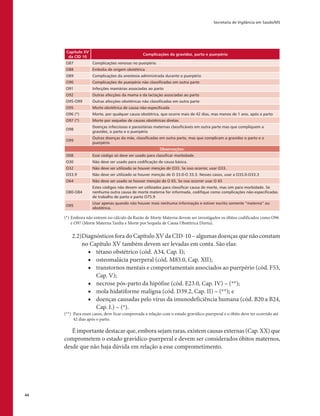 Secretaria de Vigilância em Saúde/MS
44
Capítulo XV
da CID 10
Complicações da gravidez, parto e puerpério
O87 Complicações venosas no puerpério
O88 Embolia de origem obstétrica
O89 Complicações da anestesia administrada durante o puerpério
O90 Complicações do puerpério não classificadas em outra parte
O91 Infecções mamárias associadas ao parto
O92 Outras afecções da mama e da lactação associadas ao parto
O95-O99 Outras afecções obstétricas não classificadas em outra parte
O95 Morte obstétrica de causa não-especificada
O96 (*) Morte, por qualquer causa obstétrica, que ocorre mais de 42 dias, mas menos de 1 ano, após o parto
O97 (*) Morte por sequelas de causas obstétricas diretas
O98
Doenças infecciosas e parasitárias maternas classificáveis em outra parte mas que compliquem a
gravidez, o parto e o puerpério
O99
Outras doenças da mãe, classificadas em outra parte, mas que complicam a gravidez o parto e o
puerpério
Observações:
O08 Esse código só deve ser usado para classificar morbidade.
O30 Não deve ser usado para codificação de causa básica.
O32 Não deve ser utilizado se houver menção de O33. Se isso ocorrer, usar O33.
O33.9 Não deve ser utilizado se houver menção de O 33.0-O 33.3. Nesses casos, usar a O33.0-O33.3
O64 Não deve ser usado se houver menção de O 65. Se isso ocorrer usar O 65
O80-O84
Estes códigos não devem ser utilizados para classificar causa de morte, mas sim para morbidade. Se
nenhuma outra causa de morte materna for informada, codifique como complicações não-especificadas
de trabalho de parto e parto O75.9
O95
Usar apenas quando não houver mais nenhuma informação e estiver escrito somente “materna” ou
obstétrica.
(*)	Embora não entrem no cálculo da Razão de Morte Materna devem ser investigados os óbitos codificados como O96
e O97 (Morte Materna Tardia e Morte por Sequela de Causa Obstétrica Direta).
2.2)	Diagnósticos fora do Capítulo XV da CID-10 – algumas doenças que não constam
no Capítulo XV também devem ser levadas em conta. São elas:
■■ tétano obstétrico (cód. A34, Cap. I);
■■ osteomalácia puerperal (cód. M83.0, Cap. XII);
■■ transtornos mentais e comportamentais associados ao puerpério (cód. F53,
Cap. V);
■■ necrose pós-parto da hipófise (cód. E23.0, Cap. IV) – (**);
■■ mola hidatiforme maligna (cód. D39.2, Cap. II) – (**); e
■■ doenças causadas pelo vírus da imunodeficiência humana (cód. B20 a B24,
Cap. I.) – (*).
(**)	 Para esses casos, deve ficar comprovada a relação com o estado gravídico-puerperal e o óbito deve ter ocorrido até
42 dias após o parto.
É importante destacar que, embora sejam raras, existem causas externas (Cap. XX) que
comprometem o estado gravídico-puerperal e devem ser considerados óbitos maternos,
desde que não haja dúvida em relação a esse comprometimento.
 