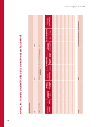 Secretaria de Vigilância em Saúde/MS
84
ANEXOH–Modelodeplanilhadeóbitodemulheresemidadefértil
Município/Regional:
End.:Fone:Ramal:
Regionaldesaúde:Mapadosóbitosfemininosduranteoperíodo_________a
________(trimestral)
Ano:
1.NOMEDA
FALECIDA
2.
IDADE
3.MUNICÍPIO
RESIDÊNCIA
(DO)
4.CAUSA
DAMORTE
DECLARADA
NADO
5.NÃO
INVESTIGADA
6.INVESTIGADA
7.CAUSADA
MORTEAPÓS
INVESTIGAÇÃO
8.DESCARTADOOM
9.NOMEDO
INVESTIGADOR
PRONT.
ENTREV.
MEDIC.
ENTREV.
FAMIL
SIMNão
LocalDataCoordenadordaVigilânciaEpidemiológica
 