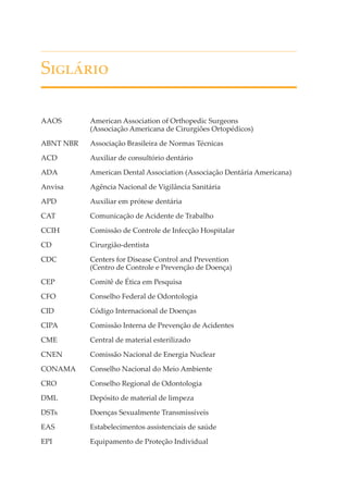 S�������
AAOS

American Association of Orthopedic Surgeons
(Associação Americana de Cirurgiões Ortopédicos)

ABNT NBR

Associação Brasileira de Normas Técnicas

ACD

Auxiliar de consultório dentário

ADA

American Dental Association (Associação Dentária Americana)

Anvisa

Agência Nacional de Vigilância Sanitária

APD

Auxiliar em prótese dentária

CAT

Comunicação de Acidente de Trabalho

CCIH

Comissão de Controle de Infecção Hospitalar

CD

Cirurgião-dentista

CDC

Centers for Disease Control and Prevention
(Centro de Controle e Prevenção de Doença)

CEP

Comitê de Ética em Pesquisa

CFO

Conselho Federal de Odontologia

CID

Código Internacional de Doenças

CIPA

Comissão Interna de Prevenção de Acidentes

CME

Central de material esterilizado

CNEN

Comissão Nacional de Energia Nuclear

CONAMA

Conselho Nacional do Meio Ambiente

CRO

Conselho Regional de Odontologia

DML

Depósito de material de limpeza

DSTs

Doenças Sexualmente Transmissíveis

EAS

Estabelecimentos assistenciais de saúde

EPI

Equipamento de Proteção Individual

 