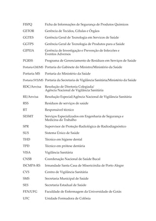 FISPQ

Ficha de Informações de Segurança de Produtos Químicos

GETOR

Gerência de Tecidos, Células e Órgãos

GGTES

Gerência Geral de Tecnologia em Servicos de Saúde

GGTPS

Gerência Geral de Tecnologia de Produtos para a Saúde

GIPEIA

Gerência de Investigação e Prevenção de Infeccões e
Eventos Adversos

PGRSS

Programa de Gerenciamento de Resíduos em Serviços de Saúde

Portaria GM/MS Portaria do Gabinete do Ministro/Ministério da Saúde

Portaria MS

Portaria do Ministério da Saúde

Portaria SVS/MS Portaria da Secretaria de Vigilância Sanitária/Ministério da Saúde

RDC/Anvisa

Resolução de Diretoria Colegiada/
Agência Nacional de Vigilância Sanitária

RE/Anvisa

Resolução Especial/Agência Nacional de Vigilância Sanitária

RSS

Resíduos de serviços de saúde

RT

Responsável técnico

SESMT

Serviços Especializados em Engenharia de Segurança e
Medicina do Trabalho

SPR

Supervisor de Proteção Radiológica de Radiodiagnóstico

SUS

Sistema Único de Saúde

THD

Técnico em higiene dental

TPD

Técnico em prótese dentária

VISA

Vigilância Sanitária

CNSB

Coordenação Nacional de Saúde Bucal

ISCMPA-RS

Irmandade Santa Casa de Misericórdia de Porto Alegre

CVS

Centro de Vigilância Sanitária

SMS

Secretaria Municipal de Saúde

SES

Secretaria Estadual de Saúde

FEN/UFG

Faculdade de Enfermagem da Universidade de Goiás

UFC

Unidade Formadora de Colônia

 