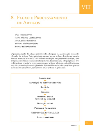 VIII
8. F���� � P������������
�� A������
Erica Lopes Ferreira
Izabel do Rocio Costa Ferreira
Javier Afonso Sanmartin
Mariana Pastorello Vero�i
Sinaida Teixeira Martins
O processamento de artigos compreende a limpeza e a desinfecção e/ou esterilização de artigos. Esses processos devem seguir o ﬂuxo descrito no quadro
abaixo, de modo a evitar o cruzamento de artigos não processados (sujos) com
artigos desinfetados ou esterilizados (limpos). Para facilitar a adequação dos procedimentos e orientar o processamento dos artigos, adota-se a classiﬁcação que
leva em consideração o risco potencial de transmissão de infecção. Os artigos são
classiﬁcados em críticos, semicríticos e não-críticos (v. glossário).

A����� ����
E�������� �� ������ �� �������
E������
S������
B������� F�����
(������ �� �������)
I������� ������
P������ � E��������
D���������� /E������������
A������������
75

A�����

 