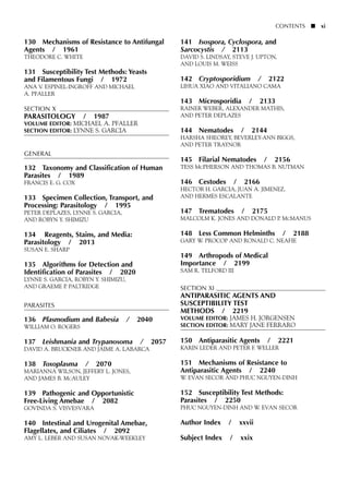 130 Mechanisms of Resistance to Antifungal
Agents / 1961
THEODORE C. WHITE
131 Susceptibility Test Methods: Yeasts
and Filamentous Fungi / 1972
ANA V. ESPINEL-INGROFF AND MICHAEL
A. PFALLER
SECTION X
PARASITOLOGY / 1987
VOLUME EDITOR: MICHAEL A. PFALLER
SECTION EDITOR: LYNNE S. GARCIA
GENERAL
132 Taxonomy and Classification of Human
Parasites / 1989
FRANCIS E. G. COX
133 Specimen Collection, Transport, and
Processing: Parasitology / 1995
PETER DEPLAZES, LYNNE S. GARCIA,
AND ROBYN Y. SHIMIZU
134 Reagents, Stains, and Media:
Parasitology / 2013
SUSAN E. SHARP
135 Algorithms for Detection and
Identification of Parasites / 2020
LYNNE S. GARCIA, ROBYN Y. SHIMIZU,
AND GRAEME P. PALTRIDGE
PARASITES
136 Plasmodium and Babesia / 2040
WILLIAM O. ROGERS
137 Leishmania and Trypanosoma / 2057
DAVID A. BRUCKNER AND JAIME A. LABARCA
138 Toxoplasma / 2070
MARIANNA WILSON, JEFFERY L. JONES,
AND JAMES B. MCAULEY
139 Pathogenic and Opportunistic
Free-Living Amebae / 2082
GOVINDA S. VISVESVARA
140 Intestinal and Urogenital Amebae,
Flagellates, and Ciliates / 2092
AMY L. LEBER AND SUSAN NOVAK-WEEKLEY
141 Isospora, Cyclospora, and
Sarcocystis / 2113
DAVID S. LINDSAY, STEVE J. UPTON,
AND LOUIS M. WEISS
142 Cryptosporidium / 2122
LIHUA XIAO AND VITALIANO CAMA
143 Microsporidia / 2133
RAINER WEBER, ALEXANDER MATHIS,
AND PETER DEPLAZES
144 Nematodes / 2144
HARSHA SHEOREY, BEVERLEY-ANN BIGGS,
AND PETER TRAYNOR
145 Filarial Nematodes / 2156
TESS MCPHERSON AND THOMAS B. NUTMAN
146 Cestodes / 2166
HECTOR H. GARCIA, JUAN A. JIMENEZ,
AND HERMES ESCALANTE
147 Trematodes / 2175
MALCOLM K. JONES AND DONALD P. MCMANUS
148 Less Common Helminths / 2188
GARY W. PROCOP AND RONALD C. NEAFIE
149 Arthropods of Medical
Importance / 2199
SAM R. TELFORD III
SECTION XI
ANTIPARASITIC AGENTS AND
SUSCEPTIBILITY TEST
METHODS / 2219
VOLUME EDITOR: JAMES H. JORGENSEN
SECTION EDITOR: MARY JANE FERRARO
150 Antiparasitic Agents / 2221
KARIN LEDER AND PETER F. WELLER
151 Mechanisms of Resistance to
Antiparasitic Agents / 2240
W. EVAN SECOR AND PHUC NGUYEN-DINH
152 Susceptibility Test Methods:
Parasites / 2250
PHUC NGUYEN-DINH AND W. EVAN SECOR
Author Index / xxvii
Subject Index / xxix
CONTENTS ■ xi
 