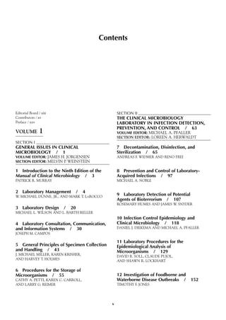 Contents
Editorial Board / xiii
Contributors / xv
Preface / xxv
VOLUME 1
SECTION I
GENERAL ISSUES IN CLINICAL
MICROBIOLOGY / 1
VOLUME EDITOR: JAMES H. JORGENSEN
SECTION EDITOR: MELVIN P. WEINSTEIN
1 Introduction to the Ninth Edition of the
Manual of Clinical Microbiology / 3
PATRICK R. MURRAY
2 Laboratory Management / 4
W. MICHAEL DUNNE, JR., AND MARK T. LAROCCO
3 Laboratory Design / 20
MICHAEL L. WILSON AND L. BARTH RELLER
4 Laboratory Consultation, Communication,
and Information Systems / 30
JOSEPH M. CAMPOS
5 General Principles of Specimen Collection
and Handling / 43
J. MICHAEL MILLER, KAREN KRISHER,
AND HARVEY T. HOLMES
6 Procedures for the Storage of
Microorganisms / 55
CATHY A. PETTI, KAREN C. CARROLL,
AND LARRY G. REIMER
SECTION II
THE CLINICAL MICROBIOLOGY
LABORATORY IN INFECTION DETECTION,
PREVENTION, AND CONTROL / 63
VOLUME EDITOR: MICHAEL A. PFALLER
SECTION EDITOR: LOREEN A. HERWALDT
7 Decontamination, Disinfection, and
Sterilization / 65
ANDREAS F. WIDMER AND RENO FREI
8 Prevention and Control of Laboratory-
Acquired Infections / 97
MICHAEL A. NOBLE
9 Laboratory Detection of Potential
Agents of Bioterrorism / 107
ROSEMARY HUMES AND JAMES W. SNYDER
10 Infection Control Epidemiology and
Clinical Microbiology / 118
DANIEL J. DIEKEMA AND MICHAEL A. PFALLER
11 Laboratory Procedures for the
Epidemiological Analysis of
Microorganisms / 129
DAVID R. SOLL, CLAUDE PUJOL,
AND SHAWN R. LOCKHART
12 Investigation of Foodborne and
Waterborne Disease Outbreaks / 152
TIMOTHY F. JONES
v
 