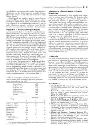 4. Consultation, Communication, and Information Systems ■ 41
microbiologist’s observations can be read at the convenience
of clinicians and that the information is located in the same
place in the medical record as key information from other
clinical services.
Most hospitals and regulatory agencies require that the
medical staff bylaws specify the individuals who are author-
ized to place information in patient medical records. It is the
responsibility of the microbiology laboratory director and his
or her colleagues in laboratory medicine to ensure that they
have the necessary authorization if this is a desired practice.
Preparation of Periodic Antibiogram Reports
A much-appreciated service provided by many clinical micro-
biology laboratories is the distribution of cumulative institu-
tional antimicrobial susceptibility data reports to clinicians
(28). These reports generally are prepared on an annual basis
but may be offered more frequently if warranted. In an
attempt to standardize the contents of antibiogram reports,
the CLSI has issued document M39-A2, entitled Analysis and
Presentation of Cumulative Antimicrobial Susceptibility Test Data
(5). This document recommends methods for recording and
analyzing antimicrobial susceptibility data for epidemiologi-
cally significant microorganisms. To avoid biasing the data,
the standard recommends including only the first isolate of a
particular species from a patient per analysis period and
including only isolates derived from cultures performed for
diagnostic purposes. To improve the statistical validity of the
data, the standard urges limiting the report to organisms
tested 30 or more times during the analysis period.
At the time of this writing, most LIS vendors are still deter-
mining how they will help laboratories comply with the recom-
mendations in the CLSI M39-A2 document. In the meantime,
clinical microbiologists should consider downloading their
antimicrobial susceptibility data to a personal computer and
then preparing their cumulative antimicrobial susceptibility
reports with the aid of spreadsheet or database software that
enables compliance with the CLSI document (Table 7).
Submission of Laboratory Results to External
Repositories
Jurisdictional regulations (e.g., those issued by local, county,
state, or national agencies) mandate that hospitals and/or
laboratories report positive test results for diagnosis of cer-
tain infectious diseases to public health authorities.
Traditionally, this reporting has been accomplished via writ-
ten notification that is either mailed or faxed to the respon-
sible authority. Some LISs are beginning to include software
tools that make it easier for clinical microbiology laborato-
ries to comply with reporting regulations (19). Automatic
faxing of reports to designated telephone numbers is now a
feature of selected LISs. This capability is being extended by
some LISs to enable submission of HIPAA-compliant
encrypted reports via e-mail and the Internet.
Another emerging phenomenon in some hospitals is a
joint venture between clinical microbiology laboratories and
infection control departments to export data in a secure
fashion to a commercial external data warehouse where the
data are analyzed on a fee-for-service basis to detect epi-
demiologically significant trends. Reported experience has
indicated that such a program does enable identification of
problem areas in the hospital where infection control inter-
vention might be useful (12).
SUMMARY
LISs have enabled tremendous progress to be made in the
dissemination of information from the clinical microbiology
laboratory to providers of health care (18). Laboratory test
data are delivered more efficiently and accurately than ever
before. Other information that is imperative to the ordering
of correct tests, the collection of appropriate specimens, and
the interpretation of test results can be communicated effec-
tively. The role of these systems in the daily practice of clin-
ical microbiology will only continue to increase in
importance. It behooves all clinical microbiologists to
become more knowledgeable about and comfortable with
information systems, for they are perhaps the most powerful
tool available to us in our new role as information brokers.
REFERENCES
1. Aller, R. D. 2003. The clinical laboratory data warehouse.
An overlooked diamond mine. Am. J. Clin. Pathol. 120:
817–819.
2. Becich, M. J. 2000. Information management: moving
from test results to clinical information. Clin. Leadersh.
Manag. Rev. 14:296–300.
3. Bissel, M. G. 2004. Information systems and human error
in the lab. Clin. Leadersh. Manag. Rev. 18:349–355.
4. Cao, F., H. K. Huang, and X. Q. Zhou. 2003. Medical
image security in a HIPAA mandated PACS environment.
Comput. Med. Imaging Graph. 27:185–196.
5. Clinical and Laboratory Standards Institute. 2005.
Analysis and Presentation of Cumulative Antimicrobial
Susceptibility Test Data; Approved Guideline, 2nd ed. CLSI
document M39-A2. Clinical and Laboratory Standards
Institute, Wayne, Pa.
6. Clinical and Laboratory Standards Institute. 2006.
Laboratory Documents: Development and Control; Approved
Guideline, 5th ed. CLSI document GP2-A5. Clinical and
Laboratory Standards Institute, Wayne, Pa.
7. Clinical and Laboratory Standards Institute. 1994.
Inventory Control Systems for Laboratory Supplies; Approved
Guideline. CLSI document GP6-A. Clinical and Laboratory
Standards Institute, Wayne, Pa.
TABLE 7 Sample pivot table from Microsoft Excel
showing antimicrobial susceptibility data for S. pneumoniae
tested during calendar year 2005
Culture battery (All)
Collection month (All)
Collection year 2005
Order location (All)
Order physician (All)
Specimen description (All)
Gender (All)
Result (%)
Drug
S I R
Ceftriaxone (CSF)a 68 10 22
Ceftriaxone (other)a 81 17 2
Chloramphenicol 100 0
Clindamycin 88 2 10
Erythromycin 59 2 39
Levofloxacin 100 0 0
Penicillin 45 25 30
Trimethoprim-
sulfamethoxazole 55 4 41
Vancomycin 100 0
a CSF, isolate recovered from cerebrospinal fluid; other, isolate recovered from
specimen other than cerebrospinal fluid.
 