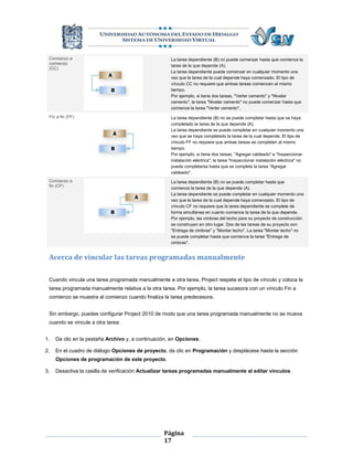 Comienzo a                                          La tarea dependiente (B) no puede comenzar hasta que comience la
 comienzo                                            tarea de la que depende (A).
 (CC)
                                                     La tarea dependiente puede comenzar en cualquier momento una
                                                     vez que la tarea de la cual depende haya comenzado. El tipo de
                                                     vínculo CC no requiere que ambas tareas comiencen al mismo
                                                     tiempo.
                                                     Por ejemplo, si tiene dos tareas, "Verter cemento" y "Nivelar
                                                     cemento", la tarea "Nivelar cemento" no puede comenzar hasta que
                                                     comience la tarea "Verter cemento".

 Fin a fin (FF)                                      La tarea dependiente (B) no se puede completar hasta que se haya
                                                     completado la tarea de la que depende (A).
                                                     La tarea dependiente se puede completar en cualquier momento una
                                                     vez que se haya completado la tarea de la cual depende. El tipo de
                                                     vínculo FF no requiere que ambas tareas se completen al mismo
                                                     tiempo.
                                                     Por ejemplo, si tiene dos tareas, "Agregar cableado" e "Inspeccionar
                                                     instalación eléctrica", la tarea "Inspeccionar instalación eléctrica" no
                                                     puede completarse hasta que se complete la tarea "Agregar
                                                     cableado".
 Comienzo a                                          La tarea dependiente (B) no se puede completar hasta que
 fin (CF)
                                                     comience la tarea de la que depende (A).
                                                     La tarea dependiente se puede completar en cualquier momento una
                                                     vez que la tarea de la cual depende haya comenzado. El tipo de
                                                     vínculo CF no requiere que la tarea dependiente se complete de
                                                     forma simultánea en cuanto comience la tarea de la que depende.
                                                     Por ejemplo, las cimbras del techo para su proyecto de construcción
                                                     se construyen en otro lugar. Dos de las tareas de su proyecto son
                                                     "Entrega de cimbras" y "Montar techo". La tarea "Montar techo" no
                                                     se puede completar hasta que comience la tarea "Entrega de
                                                     cimbras".


 Acerca de vincular las tareas programadas manualmente

 Cuando vincula una tarea programada manualmente a otra tarea, Project respeta el tipo de vínculo y coloca la
 tarea programada manualmente relativa a la otra tarea. Por ejemplo, la tarea sucesora con un vínculo Fin a
 comienzo se muestra al comienzo cuando finaliza la tarea predecesora.


 Sin embargo, puedes configurar Project 2010 de modo que una tarea programada manualmente no se mueva
 cuando se vincule a otra tarea:


1.   Da clic en la pestaña Archivo y, a continuación, en Opciones.

2.   En el cuadro de diálogo Opciones de proyecto, da clic en Programación y desplácese hasta la sección
     Opciones de programación de este proyecto.

3.   Desactiva la casilla de verificación Actualizar tareas programadas manualmente al editar vínculos.




                                                  Página
                                                  17
 