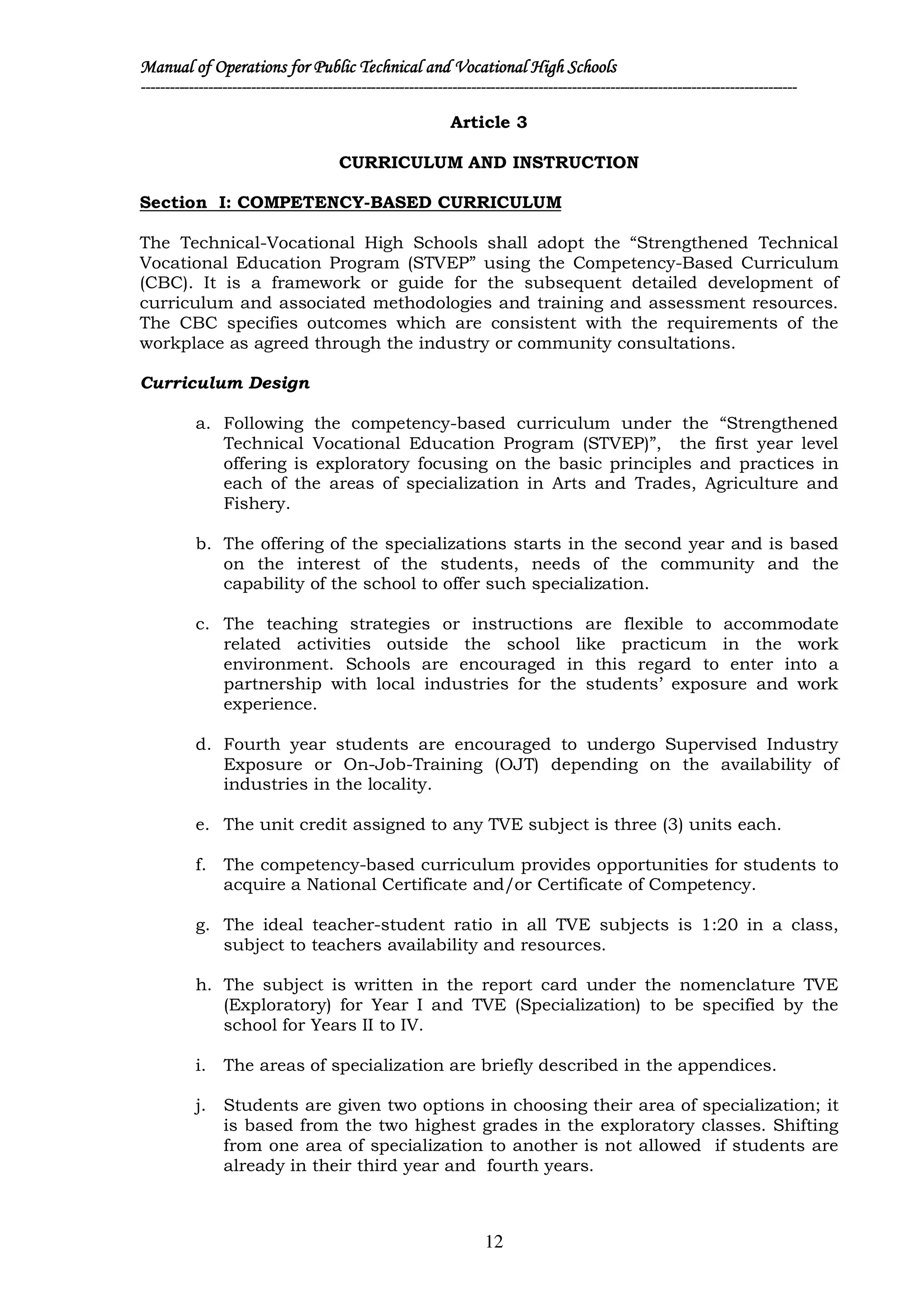 Tve Subject Manual of Operations for the Technical and Vocational Public Secondary ...