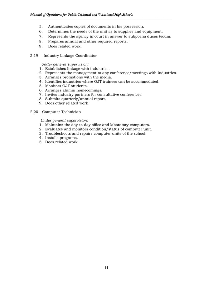 Manual of Operations for the Technical and Vocational Public Secondary