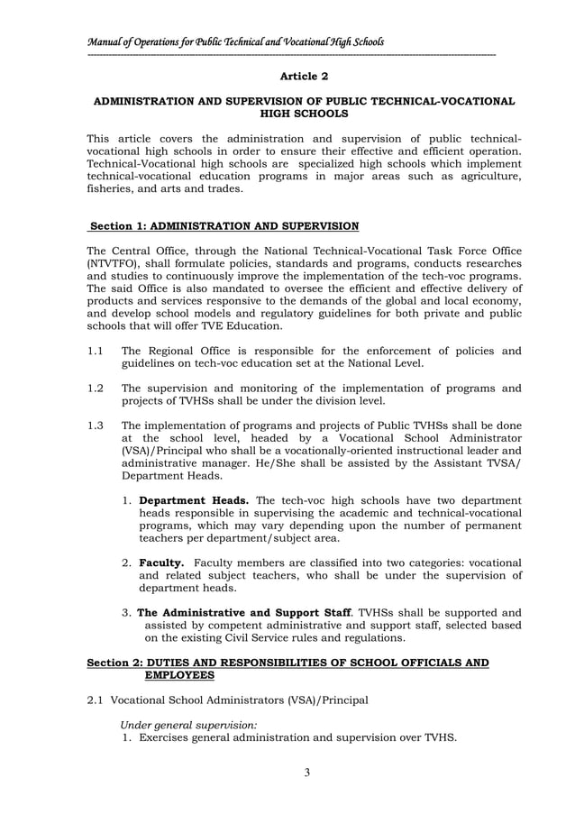 Manual of Operations for the Technical and Vocational Public Secondary