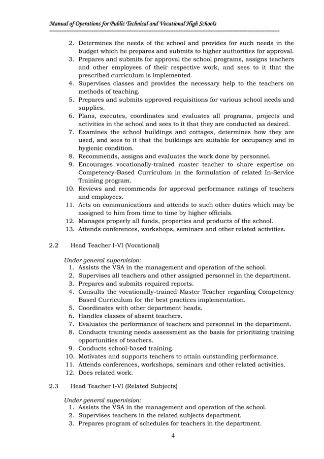 Manual of Operations for the Technical and Vocational Public Secondary