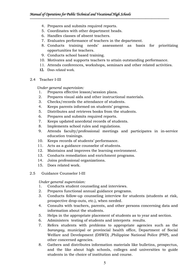 Manual of Operations for the Technical and Vocational Public Secondary