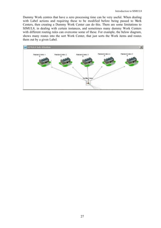 Introduction to SIMUL8

Dummy Work centres that have a zero processing time can be very useful. When dealing
with Label actions and requiring these to be modified before being passed to W       ork
Centers, then creating a Dummy Work Center can do this. There are some limitations to
SIMUL8, in dealing with certain instances, and sometimes many dummy Work Centers
with different routing rules can overcome some of these. For example, the below diagram,
shows many routes into the sort Work Center, that just sorts the Work items and routes
them out by a given Label.




                                          27
 