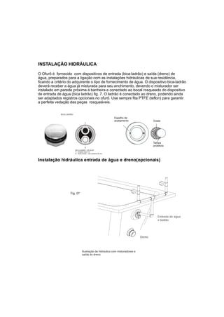 INSTALAÇÃO HIDRÁULICA

O Ofurô é fornecido com dispositivos de entrada (bica-ladrão) e saída (dreno) de
água, preparados para a ligação com as instalações hidráulicas de sua residência,
ficando a critério do adquirente o tipo de fornecimento de água. O dispositivo bica-ladrão
deverá receber a água já misturada para seu enchimento, devendo o misturador ser
instalado em parede próxima à banheira e conectado ao bocal rosqueado do dispositivo
de entrada de água (bica ladrão) fig. 7. O ladrão é conectado ao dreno, podendo ainda
ser adaptados registros opcionais no ofurô. Use sempre fita PTFE (teflon) para garantir
a perfeita vedação das peças rosqueáveis.


             BICA LADRÃO

                                                                     Espelho de
                                                                     acabamento           Grade
                                        A




                                                                                          Tampa
                                                                                          protetora
                                        B
                           BICA LADRÃO - DETALHE
                           A - Entrada rosca 1/2
                           B - Saída ladrão - tubo soldável 25 mm.



Instalação hidráulica entrada de água e dreno(opcionais)




                     Fig. 07




                                                                                             Endrada de água
                                                                                             e ladrão




                                                                                  Dreno



                                    Ilustração de hidraulica com misturadores e
                                    saída do dreno
 