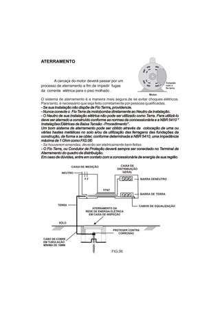 ATERRAMENTO



       A carcaça do motor deverá passar por um                                 Conexão
processo de aterramento a fim de impedir fugas                                 com o
                                                                               fio terra
da corrente elétrica para o piso molhado .
                                                                   Motor




                  CAIXA DE MEDIÇÃO               CAIXA DE
                                               DISTRIBUIÇÃO
            NEUTRO                                GERAL

                         FF                                   BARRA DENEUTRO


                                     FFNT
                                                              BARRA DE TERRA


          TERRA                                               CABOS DE EQUALIZAÇÃO
                              ATERRAMENTO DA
                          REDE DE ENERGIA ELÉTRICA
                            EM CAIXA DE INSPEÇÃO


          SOLO

                                            PROTEGER CONTRA
                                               CORROSÃO

 CABO DE COBRE
 EM TUBULAÇÃO
 MÍNIMA DE 16MM

                                            FIG.06
 