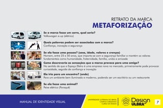 UNIVERSIDADE LUTERANA DO BRASIL
CAMPUS CARAZINHO
CURSO DE DESIGN
7MANUAL DE IDENTIDADE VISUAL
RETRATO DA MARCA
METAFORIZAÇÃO
Se a marca fosse um carro, qual seria?
Volkswagen e-up (elétrico)
Quais palavras podem ser associadas com a marca?
Confiança, inovação e segurança
Se ela fosse uma pessoa? (sexo, idade, valores e crenças)
Homem, entre 25 e 50 anos, que importa-se com a segurança familiar e mantém os valores
fundamentais como humanidade, fraternidade, família, união e amizade
Como descreveria as sensações que a marca provoca para uma amigo?
No sentido de que a Espaço Eletro é uma empresa nova no mercado, primeiramente pode provocar
curiosidade, seguida de confiança e inovação
Ela iria para um encontro? (onde)
Para um ambiente bem iluminado e moderno, podendo ser um escritório ou um restaurante
Se ela fosse uma animal?
Peixe elétrico (Poraquê)
 