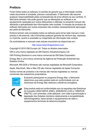 Prefácio
Foram feitos todos os esforços no sentido de garantir que a informação contida
neste documento é completa, precisa e actualizada. O fabricante não assume
qualquer responsabilidade pelas consequências de erros alheios ao seu controlo. O
fabricante também não pode garantir que as alterações ao software e ao
equipamento realizadas por outros fabricantes e referidas no presente manual não
afectarão a aplicabilidade das informações nele contidas. A menção de produtos de
software fabricados por outras empresas não constitui necessariamente aprovação
por parte do fabricante.
Embora tenham sido envidados todos os esforços para tornar este manual o mais
preciso e útil possível, não é fornecida qualquer garantia de nenhum tipo, expressa
ou implícita, quanto à exactidão ou integridade da informação nele contida.
Os controladores e manuais mais actuais encontram-se disponíveis em:
http://www.okiprintingsolutions.com
Copyright © 2010 OKI Europe Ltd. Todos os direitos reservados.
OKI é uma marca registada da OKI Electric IndustryCompany Ltd.
OKI Printing Solutions é uma marca comercial da OKI Data Corporation.
Energy Star é uma marca comercial da Agência de Protecção Ambiental dos
Estados Unidos.
Microsoft, MS-DOS e Windows são marcas registadas da Microsoft Corporation.
Apple, Macintosh, Mac e Mac OS são marcas registadas da Apple Computer.
Outros nomes de produtos e de marcas são marcas registadas ou marcas
comerciais dos respectivos proprietários.
Enquanto participante no programa Energy Star, o fabricante
determinou que este produto está em conformidade com as
directrizes da Energy Star relativas a eficiência energética.
Este produto está em conformidade com os requisitos das Directivas
do Conselho 2004/108/CE (EMC), 2006/95/CE (LVD) e 1999/5/CE
(R&TTE), com emendas, onde aplicável, com vista à aproximação à
legislação dos Estados-membros relativamente à compatibilidade
electromagnética, baixa tensão e equipamentos de rádio e
equipamentos terminais de telecomunicações.

x-1

 