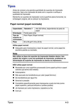 Tipos
Antes de comprar uma grande quantidade de suportes de impressão
especiais, faça uma impressão de teste com o suporte e verifique a
qualidade de impressão.
Mantenha os suportes de impressão numa superfície plana horizontal, na
embalagem original, até os colocar na impressora.

Papel normal (papel reciclado)
Capacidade
Orientação
Tipo de
suporte no
controlador
Peso

Tabuleiro 1

Até 200 folhas, dependendo do peso do
papel
Frente para cima
Plain Paper (Papel normal)

60 a 90 g/m² (16 a 24 lb)

Utilize papel normal:
Adequado para impressoras a laser de papel normal, como papel de
escritório padrão ou reciclado.

Nota
Não utilize os tipos de suportes de impressão listados abaixo. Isto
poderá dar origem a uma má qualidade de impressão, problemas na
alimentação do suporte de impressão ou danos na impressora.
NÃO utilize papel normal:
Revestido por uma superfície processada (como papel químico e papel
colorido que tenha sido tratado)
Autocopiativo
Não aprovado de transferência por calor (papel térmico)
De transferência por água fria
Sensível a pressão
Concebido especificamente para impressoras a jacto de tinta (como
papel superfino, película brilhante e cartões postais)
Já impresso por outra impressora, copiadora ou fax
Com pó

Tipos

4-3

 