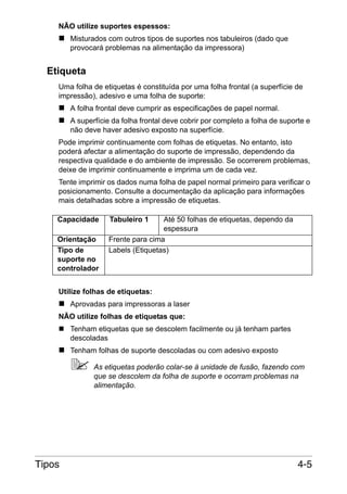 NÃO utilize suportes espessos:
Misturados com outros tipos de suportes nos tabuleiros (dado que
provocará problemas na alimentação da impressora)

Etiqueta
Uma folha de etiquetas é constituída por uma folha frontal (a superfície de
impressão), adesivo e uma folha de suporte:
A folha frontal deve cumprir as especificações de papel normal.
A superfície da folha frontal deve cobrir por completo a folha de suporte e
não deve haver adesivo exposto na superfície.
Pode imprimir continuamente com folhas de etiquetas. No entanto, isto
poderá afectar a alimentação do suporte de impressão, dependendo da
respectiva qualidade e do ambiente de impressão. Se ocorrerem problemas,
deixe de imprimir continuamente e imprima um de cada vez.
Tente imprimir os dados numa folha de papel normal primeiro para verificar o
posicionamento. Consulte a documentação da aplicação para informações
mais detalhadas sobre a impressão de etiquetas.
Capacidade
Orientação
Tipo de
suporte no
controlador

Tabuleiro 1

Até 50 folhas de etiquetas, dependo da
espessura
Frente para cima
Labels (Etiquetas)

Utilize folhas de etiquetas:
Aprovadas para impressoras a laser
NÃO utilize folhas de etiquetas que:
Tenham etiquetas que se descolem facilmente ou já tenham partes
descoladas
Tenham folhas de suporte descoladas ou com adesivo exposto
As etiquetas poderão colar-se à unidade de fusão, fazendo com
que se descolem da folha de suporte e ocorram problemas na
alimentação.

Tipos

4-5

 