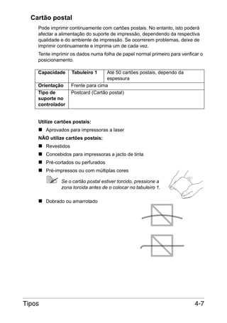 Cartão postal
Pode imprimir continuamente com cartões postais. No entanto, isto poderá
afectar a alimentação do suporte de impressão, dependendo da respectiva
qualidade e do ambiente de impressão. Se ocorrerem problemas, deixe de
imprimir continuamente e imprima um de cada vez.
Tente imprimir os dados numa folha de papel normal primeiro para verificar o
posicionamento.
Capacidade
Orientação
Tipo de
suporte no
controlador

Tabuleiro 1

Até 50 cartões postais, dependo da
espessura
Frente para cima
Postcard (Cartão postal)

Utilize cartões postais:
Aprovados para impressoras a laser
NÃO utilize cartões postais:
Revestidos
Concebidos para impressoras a jacto de tinta
Pré-cortados ou perfurados
Pré-impressos ou com múltiplas cores
Se o cartão postal estiver torcido, pressione a
zona torcida antes de o colocar no tabuleiro 1.
Dobrado ou amarrotado

Tipos

4-7

 