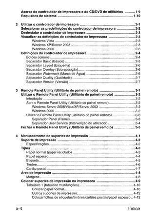 Acerca do controlador de impressora e do CD/DVD de utilitários ........... 1-9
Requisitos de sistema ................................................................................. 1-10
2

Utilizar o controlador de impressora ........................................................... 2-1
Seleccionar as predefinições do controlador de impressora ................... 2-2
Desinstalar o controlador de impressora .................................................... 2-3
Visualizar as definições do controlador de impressora ............................ 2-3
Windows Vista ...................................................................................... 2-3
Windows XP/Server 2003 ..................................................................... 2-3
Windows 2000 ...................................................................................... 2-3
Definições do controlador de impressora ................................................... 2-4
Botões comuns ........................................................................................... 2-4
Separador Basic (Básico) ........................................................................... 2-5
Separador Layout (Esquema) ..................................................................... 2-6
Separador Overlay (Sobreposição)............................................................. 2-6
Separador Watermark (Marca de Água) ..................................................... 2-6
Separador Quality (Qualidade) ................................................................... 2-7
Separador Version (Versão) ....................................................................... 2-7

3

Remote Panel Utility (Utilitário de painel remoto) ...................................... 3-1
Utilizar o Remote Panel Utility (Utilitário de painel remoto) ...................... 3-2
Introdução ................................................................................................... 3-2
Abrir o Remote Panel Utility (Utilitário de painel remoto)............................ 3-2
Windows Server 2008/Vista/XP/Server 2003 ....................................... 3-2
Windows 2000 ...................................................................................... 3-2
Utilizar o Remote Panel Utility (Utilitário de painel remoto) ........................ 3-3
Separador Panel (Painel)...................................................................... 3-3
Separador User Service (Intervenção do utilizador) ............................. 3-4
Fechar o Remote Panel Utility (Utilitário de painel remoto) ...................... 3-5

4

Manuseamento de suportes de impressão ................................................. 4-1
Suporte de impressão ................................................................................... 4-2
Especificações ............................................................................................ 4-2
Tipos ............................................................................................................... 4-3
Papel normal (papel reciclado) ................................................................... 4-3
Papel espesso............................................................................................. 4-4
Etiqueta ....................................................................................................... 4-5
Timbre ......................................................................................................... 4-6
Cartão postal............................................................................................... 4-7
Área de impressão ......................................................................................... 4-8
Margens ...................................................................................................... 4-8
Colocar suportes de impressão na impressora ......................................... 4-9
Tabuleiro 1 (tabuleiro multifunções).......................................................... 4-10
Colocar papel normal.......................................................................... 4-10
Outros suportes de impressão............................................................ 4-12
Colocar folhas de etiquetas/timbres/cartões postais/papel espesso .. 4-12

x-4

Índice

 