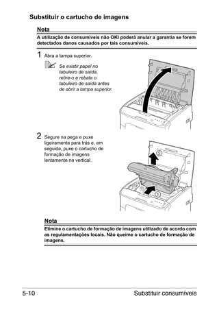Substituir o cartucho de imagens
Nota
A utilização de consumíveis não OKI poderá anular a garantia se forem
detectados danos causados por tais consumíveis.

1

Abra a tampa superior.
Se existir papel no
tabuleiro de saída,
retire-o e rebata o
tabuleiro de saída antes
de abrir a tampa superior.

2

Segure na pega e puxe
ligeiramente para trás e, em
seguida, puxe o cartucho de
formação de imagens
lentamente na vertical.

Nota
Elimine o cartucho de formação de imagens utilizado de acordo com
as regulamentações locais. Não queime o cartucho de formação de
imagens.

5-10

Substituir consumíveis

 