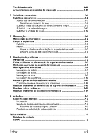 Tabuleiro de saída ....................................................................................... 4-14
Armazenamento de suportes de impressão ............................................. 4-14
5

Substituir consumíveis ................................................................................. 5-1
Substituir consumíveis ................................................................................. 5-2
Acerca dos cartuchos de toner ................................................................... 5-2
Substituir um cartucho de toner ............................................................ 5-4
Substituir todos os cartuchos de toner ao mesmo tempo ........................... 5-9
Substituir o cartucho de imagens.............................................................. 5-10
Substituir a unidade de fusão.................................................................... 5-13

6

Manutenção .................................................................................................... 6-1
Manutenção da impressora .......................................................................... 6-2
Limpar a impressora ..................................................................................... 6-4
Exterior........................................................................................................ 6-4
Interior ......................................................................................................... 6-5
Limpar o cilindro de alimentação do suporte de impressão.................. 6-5
Limpar a janela da cabeça de impressão ............................................. 6-8

7

Resolução de problemas .............................................................................. 7-1
Introdução ...................................................................................................... 7-2
Evitar problemas na alimentação de suportes de impressão ................... 7-3
Conhecer o percurso do suporte de impressão ......................................... 7-4
Mensagens dos indicadores ......................................................................... 7-5
Mensagens de estado................................................................................. 7-5
Mensagens de aviso ................................................................................... 7-6
Mensagens de erro ..................................................................................... 7-8
Mensagem de assistência......................................................................... 7-10
Retirar suportes de impressão encravados ............................................. 7-11
Procedimentos para desencravar a impressora ....................................... 7-12
Resolver problemas de alimentação de suportes de impressão ............ 7-19
Resolver outros problemas ........................................................................ 7-21
Resolver problemas de qualidade de impressão ..................................... 7-24

A Apêndice .........................................................................................................A-1
Especificações técnicas ...............................................................................A-2
Impressora ..................................................................................................A-2
Quadro de duração prevista dos consumíveis............................................A-3
Passíveis de substituição pelo utilizador ..............................................A-3
Passíveis de substituição pela assistência ................................................A-4
Índice remissivo .................................................................................................... I-1
Detalhes de contacto
da OKI .............................................................................................................. I-3

Índice

x-5

 