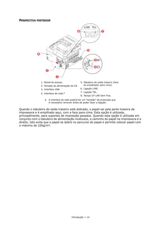 Introdução > 14
PERSPECTIVA POSTERIOR
Quando o tabuleiro de saída traseiro está dobrado, o papel sai pela parte traseira da
impressora e é empilhado aqui, com a face para cima. Esta opção é utilizada,
principalmente, para suportes de impressão pesados. Quando esta opção é utilizada em
conjunto com o tabuleiro de alimentação multiusos, o caminho do papel na impressora é a
direito. Isto evita que o papel se dobre no percurso do papel e permite colocar papel com
o máximo de 220g/m².
1. Painel de acesso.
2. Tomada de alimentação de CA.
3. Interface USB.
4. Interface de rede.a
a. A interface de rede poderá ter um “tampão” de protecção que
é necessário remover antes de poder fazer a ligação.
5. Tabuleiro de saída traseiro (face
do empilhador para cima).
6. Ligação LINE.
7. Ligação TEL.
8. Tampa I/F LAN Sem Fios.
5
4
3
7
6
8
2
1
 