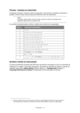 Introdução > 17
TECLADO - MUDANÇA DE CARACTERES
É possível introduzir números, letras maiúsculas e minúsculas e símbolos utilizando o
teclado. Prima a tecla várias vezes para alternar entre os caracteres.
O exemplo mostrado abaixo utiliza o inglês como idioma de visualização:
ALTERAR O IDIOMA DE VISUALIZAÇÃO
O idioma predefinido utilizado pelo MFP para apresentar mensagens e para a impressão de
relatórios é o inglês1. Caso seja necessário, isto pode ser alterado ao utilizar o painel do
operador para exibir Admin Setup (Config. Admin.) > Manage Unit (Gestão) >
Language Maintenance Setup (Configuração de Manutenção do Idioma).
NOTA
Ao premir várias vezes, tem de voltar a premir a tecla num espaço de 2
segundos após premir a primeira vez.
TECLA CARÁCTER DISPONÍVEL
1 1 -> 1
2 a -> b -> c -> 2 -> A -> B -> C
3 d -> e -> f -> 3 -> D -> E -> F
4 g -> h -> i -> 4 -> G -> H -> I
5 j -> k -> l -> 5 -> J -> K -> L
6 m -> n -> o -> 6 -> M -> N -> O
7 p -> q -> r -> s -> 7 -> P -> Q -> R -> S
8 t -> u -> v -> 8 -> T -> U -> V
9 w -> x -> y -> z -> 9 -> W -> X -> Y -> Z
0 SP (espaço) -> 0 -> SP (espaço)
* @ -> * -> @
# . -> _ -> - -> P -> SP (espaço) -> + -> ! -> “ -> $ -> % -> & -> ‘ ->
( -> ) -> , -> / -> : -> ; -> < -> = -> > -> ? -> [ -> £ -> ] -> ^ -> #
1. Para se certificar de que o seu produto contém as actualizações de firmware mais recentes, é
recomendável que transfira os ficheiros de idioma deste utilitário durante a configuração.
 