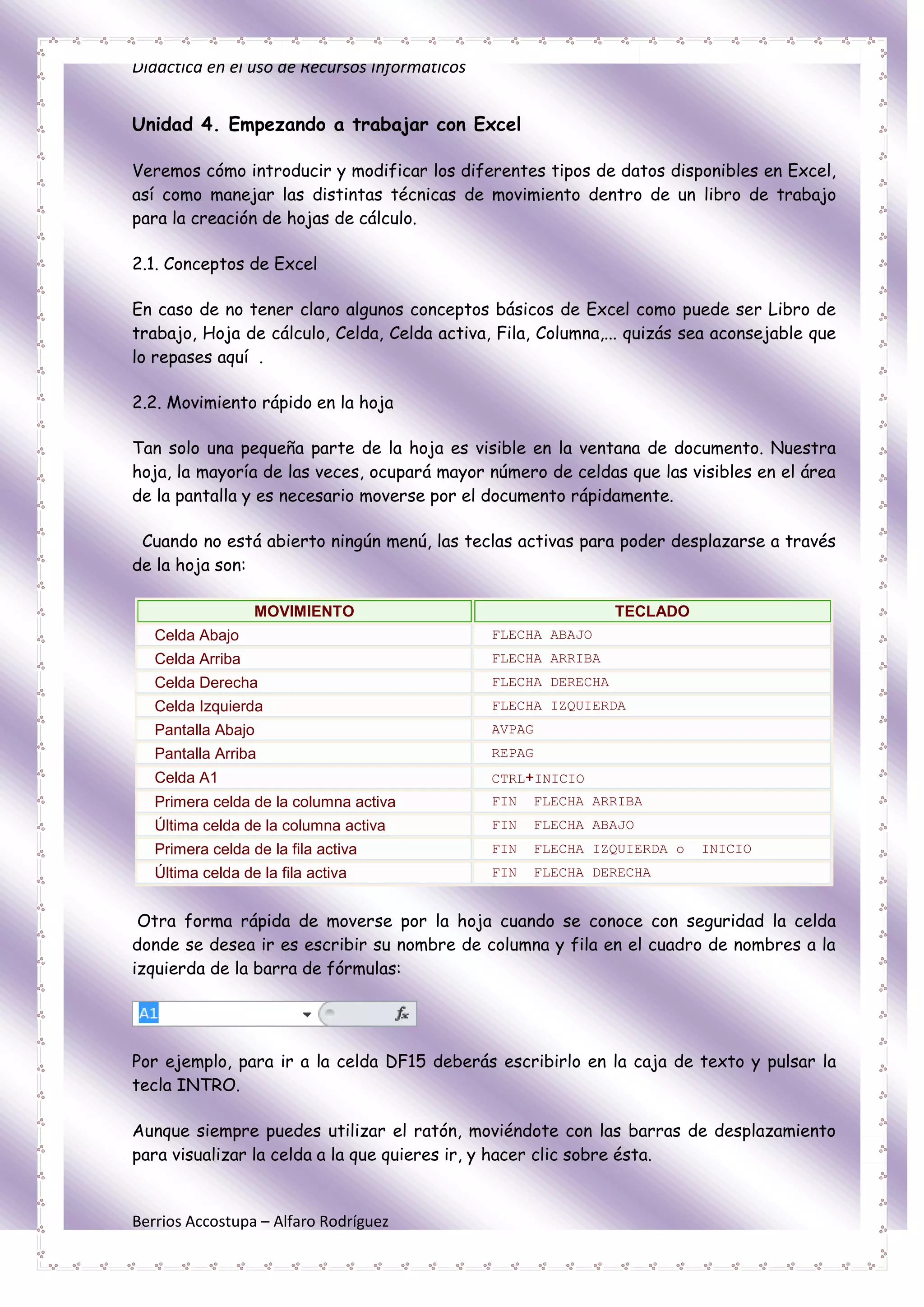 Didáctica en el uso de Recursos Informáticos


Unidad 4. Empezando a trabajar con Excel

Veremos cómo introducir y modificar los diferentes tipos de datos disponibles en Excel,
así como manejar las distintas técnicas de movimiento dentro de un libro de trabajo
para la creación de hojas de cálculo.

2.1. Conceptos de Excel

En caso de no tener claro algunos conceptos básicos de Excel como puede ser Libro de
trabajo, Hoja de cálculo, Celda, Celda activa, Fila, Columna,... quizás sea aconsejable que
lo repases aquí .

2.2. Movimiento rápido en la hoja

Tan solo una pequeña parte de la hoja es visible en la ventana de documento. Nuestra
hoja, la mayoría de las veces, ocupará mayor número de celdas que las visibles en el área
de la pantalla y es necesario moverse por el documento rápidamente.

 Cuando no está abierto ningún menú, las teclas activas para poder desplazarse a través
de la hoja son:

                  MOVIMIENTO                                    TECLADO
   Celda Abajo                                 FLECHA ABAJO
   Celda Arriba                                FLECHA ARRIBA
   Celda Derecha                               FLECHA DERECHA
   Celda Izquierda                             FLECHA IZQUIERDA
   Pantalla Abajo                              AVPAG
   Pantalla Arriba                             REPAG
   Celda A1                                    CTRL+INICIO
   Primera celda de la columna activa          FIN     FLECHA ARRIBA
   Última celda de la columna activa           FIN     FLECHA ABAJO
   Primera celda de la fila activa             FIN     FLECHA IZQUIERDA o   INICIO
   Última celda de la fila activa              FIN     FLECHA DERECHA


 Otra forma rápida de moverse por la hoja cuando se conoce con seguridad la celda
donde se desea ir es escribir su nombre de columna y fila en el cuadro de nombres a la
izquierda de la barra de fórmulas:




Por ejemplo, para ir a la celda DF15 deberás escribirlo en la caja de texto y pulsar la
tecla INTRO.

Aunque siempre puedes utilizar el ratón, moviéndote con las barras de desplazamiento
para visualizar la celda a la que quieres ir, y hacer clic sobre ésta.


Berrios Accostupa – Alfaro Rodríguez
 