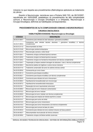inclusive no que respeita aos procedimentos oftalmológicos aplicáveis ao tratamento
do câncer.
       Quanto à Neurocirurgia, recorda-se que a Portaria SAS 723, de 28/12/2007,
republicada em 18/03/2008, estabeleceu os procedimentos de alta complexidade
comuns a Neurocirurgia e Cirurgia Oncológica e a Ortopedia, Neurocirurgia e
Cirurgia Oncológica, definindo as habilitações correspondentes:


        PROCEDIMENTOS DE ALTA COMPLEXIDADE COMUNS A NEUROCIRURGIA E
                                     CIRURGIA ONCOLÓGICA
                     HABILITAÇÕES EXIGIDAS: Neurocirurgia ou Oncologia
   CÓDIGO                                                DESCRIÇÃO
04.03.01.004-7   Craniotomia para retirada de cisto/ abscesso / granuloma encefálico
                 Craniotomia para     retirada decisto/    abscesso   /   granuloma    encefálico   c/   técnica
04.03.01.005-5   complementar
04.03.01.011-0   Descompressão da órbita
04.03.01.012-8   Microcirurgia cerebral endoscópica
04.03.01.014-4   Reconstrução craniana / crânio facial
04.03.01.024-1   Tratamento cirúrgico da fistula liquórica craniana
04.03.01.025-0   Tratamento cirúrgico da fistula liquórica raquiana
04.03.01.029-2   Tratamento cirúrgico do hematoma intracerebral com técnica complementar
04.03.01.035-7   Trepanação p/ biópsia cerebral/ drenagem de abscesso / cisto c/ técnica complementar
04.03.02.009-3   Neurotomia seletiva do trigêmeo e outros nervos cranianos
04.03.03.017-0   Tratamento conservador de tumor do sistema nervoso central
04.03.03.005-6   Craniectomia por tumor ósseo
04.03.03.001-3   Craniotomia para biopsia encefálica
04.03.03.002-1   Craniotomia para biopsia encefálica com técnica complementar
04.03.03.004-8   Craniotomia para retirada de tumor intracraniano
04.03.03.006-4   Hipofisectomia transesfenoidal com microcirurgia
04.03.03.007-2   Hipofisectomia transesfenoidal endoscópica
04.03.03.016-1   Ressecção de tumor raquimedular extra-dural
04.03.03.008-0   Microcirurgia de tumor intradural e extramedular
04.03.03.010-2   Microcirurgia de tumor medular
04.03.03.009-9   Microcirurgia do tumor medular com técnica complementar
04.03.03.011-0   Microcirurgia para biópsia de medula espinhal ou raízes
04.03.03.013-7   Microcirurgia para tumor de órbita
04.03.03.014-5   Microcirurgia para tumor intracraniano
04.03.03.015-3   Microcirurgia para tumor intracraniano com técnica complementar
04.03.03.012-9   Microcirurgia para tumore da base do crânio
04.03.03.003-0   Craniotomia para retirada de tumor cerebral inclusive da fossa posterior
04.03.04.002-7   Descompressão neurovascular de nervos cranianos
04.03.04.008-6   Tratamento cirúrgico da fistula carótido cavernosa


MANUAL DE BASES TÉCNICAS DA ONCOLOGIA - SISTEMA DE INFORMAÇÕES AMBULATORIAIS
                                                                    Página 18
 