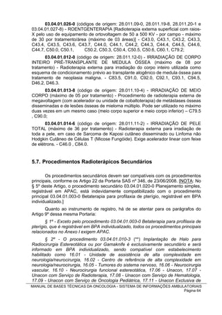 03.04.01.026-0 (códigos de origem: 28.011.09-0, 28.011.19-8, 28.011.20-1 e
03.04.01.027-8) - ROENTGENTERAPIA [Radioterapia externa superficial com raios-
X pelo uso de equipamento de ortovoltagem de 50 a 500 KV - por campo - máximo
de 30 por tratamento/área (máximo de 03 áreas)] - C43.0, C43.1, C43.2, C43.3,
C43.4, C43.5, C43.6, C43.7, C44.0, C44.1, C44.2, C44.3, C44.4, C44.5, C44.6,
C44.7, C50.0, C50.1,     C50.2, C50.3, C50.4, C50.5, C50.6, C60.1, C79.2;
      03.04.01.012-0 (código de origem: 28.011.12-0) - IRRADIAÇÃO DE CORPO
INTEIRO PRÉ-TRANSPLANTE DE MEDULA ÓSSEA (máximo de 08 por
tratamento) - Radioterapia externa para irradiação do corpo inteiro utilizada como
esquema de condicionamento prévio ao transplante alogênico de medula óssea para
tratamento de neoplasia maligna. - C83.5, C91.0, C92.0, C92.1, C93.1, C94.5,
D46.2, D46.3.
       03.04.01.013-8 (código de origem: 28.011.10-4) - IRRADIAÇÃO DE MEIO
CORPO (máximo de 05 por tratamento) - Procedimento de radioterapia externa de
megavoltagem (com acelerador ou unidade de cobaltoterapia) de metástases ósseas
disseminadas e de lesões ósseas de mieloma múltiplo. Pode ser utilizado no máximo
duas vezes em um mesmo caso (meio corpo superior e meio corpo inferior) – C79.5
, C90.0;
       03.04.01.014-6 (código de origem: 28.011.11-2) - IRRADIAÇÃO DE PELE
TOTAL (máximo de 36 por tratamento) - Radioterapia externa para irradiação de
toda a pele, em caso de Sarcoma de Kaposi cutâneo disseminado ou Linfoma não
Hodgkin Cutâneo de Células T (Micose Fungóide). Exige acelerador linear com feixe
de elétrons. - C46.0 , C84.0.


5.7. Procedimentos Radioterápicos Secundários

       Os procedimentos secundários devem ser compatíveis com os procedimentos
principais, conforme os Artigo 22 da Portaria SAS nº 346, de 23/06/2008. [NOTA: No
§ 5º deste Artigo, o procedimento secundário 03.04.01.020-0 Planejamento simples,
registrável em APAC, está indevidamente compatibilizado com o procedimento
principal 03.04.01.003-0 Betaterapia para profilaxia de pterígio, registrável em BPA
individualizado.]
       Quanto ao instrumento de registro, há de se atentar para os parágrafos do
Artigo 9º dessa mesma Portaria:
       § 1º - Exceto pelo procedimento 03.04.01.003-0 Betaterapia para profilaxia de
pterígio, que é registrável em BPA individualizado, todos os procedimentos principais
relacionados no Anexo I exigem APAC.
        § 2º - O procedimento 03.04.01.010-3 (**) Implantação de Halo para
Radiocirurgia Estereotática ou por Gamaknife é exclusivamente secundário e será
informado em BPA individualizado, sendo compatível com estabelecimento
habilitado como 16.01 - Unidade de assistência de alta complexidade em
neurologia/neurocirurgia, 16.02 - Centro de referência de alta complexidade em
neurologia/neurocirurgia, 16.05 - Tumores do sistema nervoso, 16.06 - Neurocirurgia
vascular, 16.10 - Neurocirurgia funcional estereotática, 17.06 - Unacon, 17.07 -
Unacon com Serviço de Radioterapia, 17.08 - Unacon com Serviço de Hematologia,
17.09 - Unacon com Serviço de Oncologia Pediátrica, 17.11 - Unacon Exclusiva de
MANUAL DE BASES TÉCNICAS DA ONCOLOGIA - SISTEMA DE INFORMAÇÕES AMBULATORIAIS
                                                                    Página 64
 