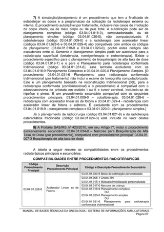 7) A simulação/planejamento é um procedimento que tem a finalidade de
estabelecer as doses e a programacao da aplicação da radioterapia externa ou
interna. É procedimento autorizável por tratamento, inclusive nos casos de irradiação
de corpo inteiro, ou de meio corpo ou de pele total. A autorização pode ser de
planejamento complexo (código 03.04.01.018-9), computadorizado, ou de
planejamento simples (código 03.04.01.020-0), não computadorizado. A
cobaltoterapia (código 03.04.01.009-0) e a radioterapia com acelerador linear
(códigos 03.04.01.028-6 e 03.04.01.029-4) são compatíveis com ambos os códigos
de planejamento (03.04.01.018-9 e 03.04.01.020-0), porém estes códigos são
excludentes entre si. Somente o planejamento simples pode ser autorizado para a
radioterapia superficial (betaterapia, roentgenterapia e eletronterapia). Existe o
procedimento específico para o planejamento de braquiterapia de alta taxa de dose
(código 03.04.01.019-7) e o para o Planejamento para radioterapia conformada
tridimensional (código 03.04.01.031-6), este também excludente com os
03.04.01.018-9 Planejamento Complexo e 03.04.01.020-0 Planejamento Simples. [O
procedimento 03.04.01.031-6 Planejamento para radioterapia conformada
tridimensional (por tratamento) não inclui o exame de tomografia computadorizada.
Este é um planejamento baseado na reconstituição tridimensional (3D), para a
radioterapia conformada (conformacional) e o procedimento é compatível com o
adenocarcinoma de próstata em estádio I ou II e tumor cerebral, incluindo-se de
hipófise e pineal. É um procedimento secundário compatível com os seguintes
procedimentos principais: 03.04.01.009-0 – cobaltoterapia, 03.04.01.028-6 -
radioterapia com acelerador linear só de fótons e 03.04.01.029-4 - radioterapia com
acelerador linear de fótons e elétrons. É excludente com os procedimentos
03.04.01.018-9 - planejamento complexo e 03.04.01.020-0 - planejamento simples.]
      Já o planejamento de radiocirurgia (código 03.04.01.021-9) e da radioterapia
estereotática fracionada (código 03.04.01.024-3) está incluído no valor destes
procedimentos.
       8) A Portaria SAS/MS nº 420/2010, em seu Artigo 7º, inclui o procedimento
exclusivamente secundário: 03.04.01.034-0 – Narcose para Braquiterapia de Alta
Taxa de Dose (por procedimento), compatível com procedimento principal 03.04.01.
007-3 Braquiterapia de alta taxa de dose.


       A tabela a seguir resume as compatibilidades entre os procedimentos
radioterápicos principais e secundários:
       COMPATIBILIDADES ENTRE PROCEDIMENTOS RADIOTERÁPICOS
   Código
                       Descrição
Procedimento                                 Código e Descrição Procedimento Secundário
                 Procedimento Principal
  Principal
                                           03.04.01.030-8 Bloco de colimação personalizado
                                           03.04.01.008-1 Check-film
                                           03.04.01.015-4 Máscara/imobilização personalizada
                                           03.04.01.017-0 Narcose de criança
                 Acelerador Linear só de   03.04.01.018-9 Planejamento complexo
03.04.01.028-6
                 Fótons                                      OU
                                           03.04.01.020-0 Planejamento simples
                                                             OU
                                           03.04.01.031-6 Planejamento para radioterapia
                                           conformada tridimensional

MANUAL DE BASES TÉCNICAS DA ONCOLOGIA - SISTEMA DE INFORMAÇÕES AMBULATORIAIS
                                                                    Página 67
 